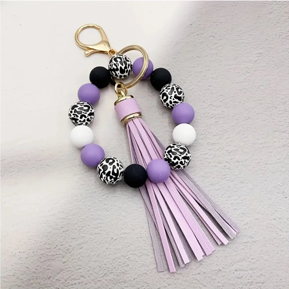 Purple and Black Beaded Keychain with Tassel